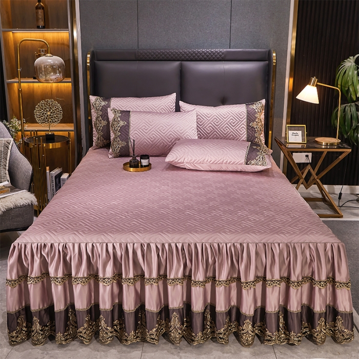 91家纺网 家纺一手货源 找家纺 罗艺轩 2024新款贡缎夹棉床裙四件套凯撒王朝系列 凯撒王朝-宫粉色