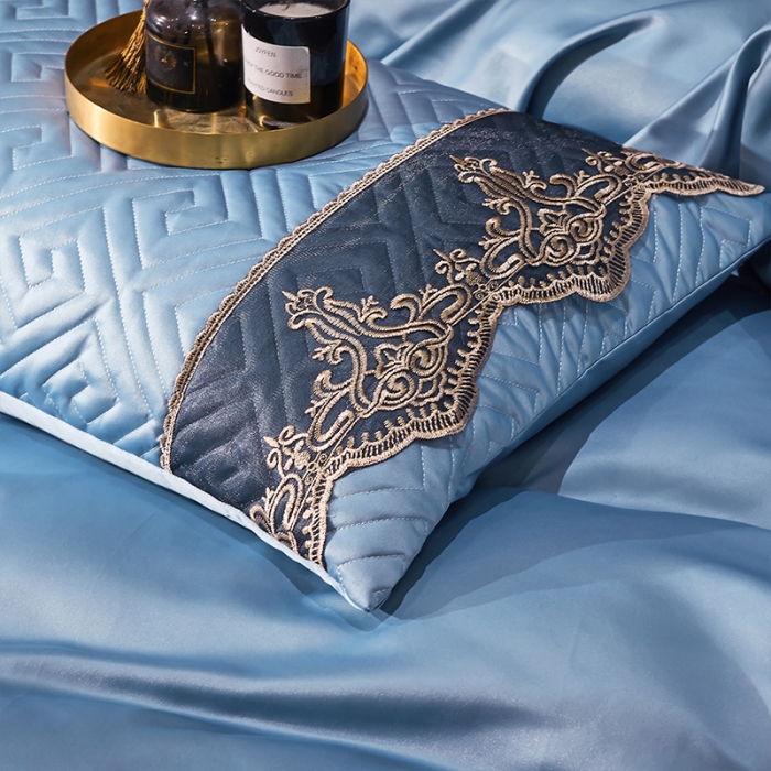 91家纺网 家纺一手货源 找家纺 罗艺轩 2024新款贡缎夹棉床裙四件套凯撒王朝系列 凯撒王朝-天际蓝