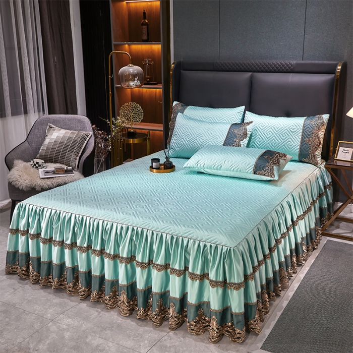 91家纺网 家纺一手货源 找家纺 罗艺轩 2024新款贡缎夹棉床裙三件套凯撒王朝系列 凯撒王朝-薄荷色