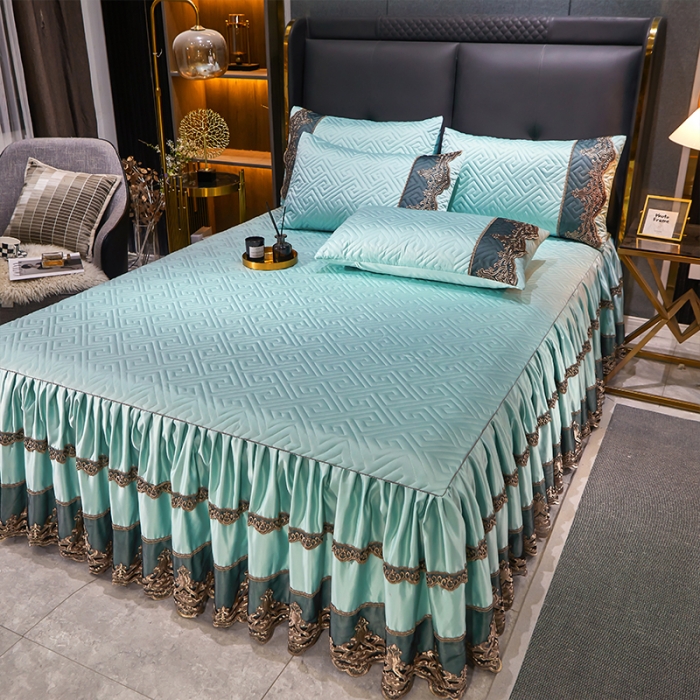 91家纺网 家纺一手货源 找家纺 罗艺轩 2024新款贡缎夹棉床裙三件套凯撒王朝系列 凯撒王朝-薄荷色