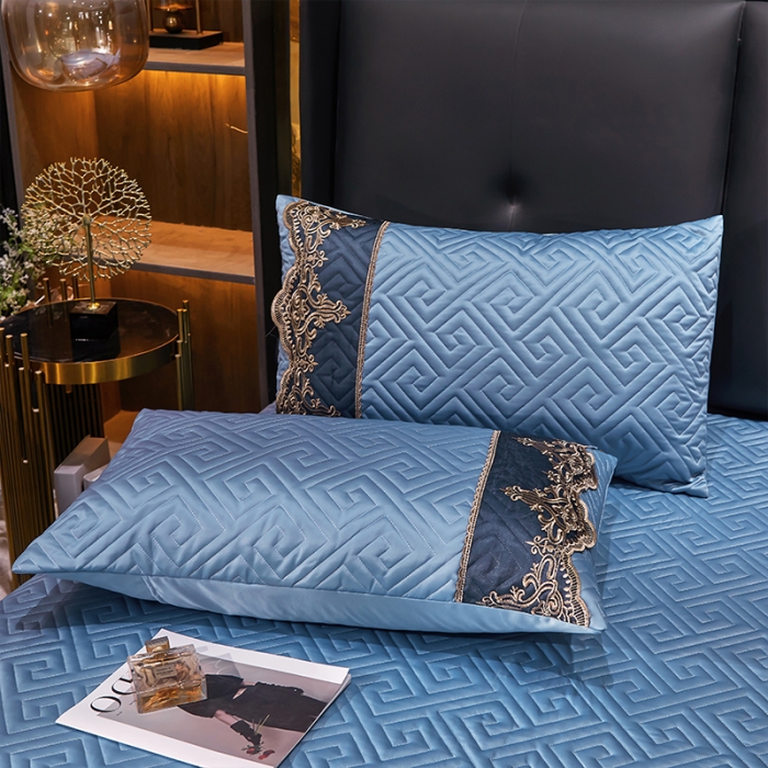 91家纺网 家纺一手货源 找家纺 罗艺轩 2024新款贡缎夹棉床裙三件套凯撒王朝系列 凯撒王朝-天际蓝