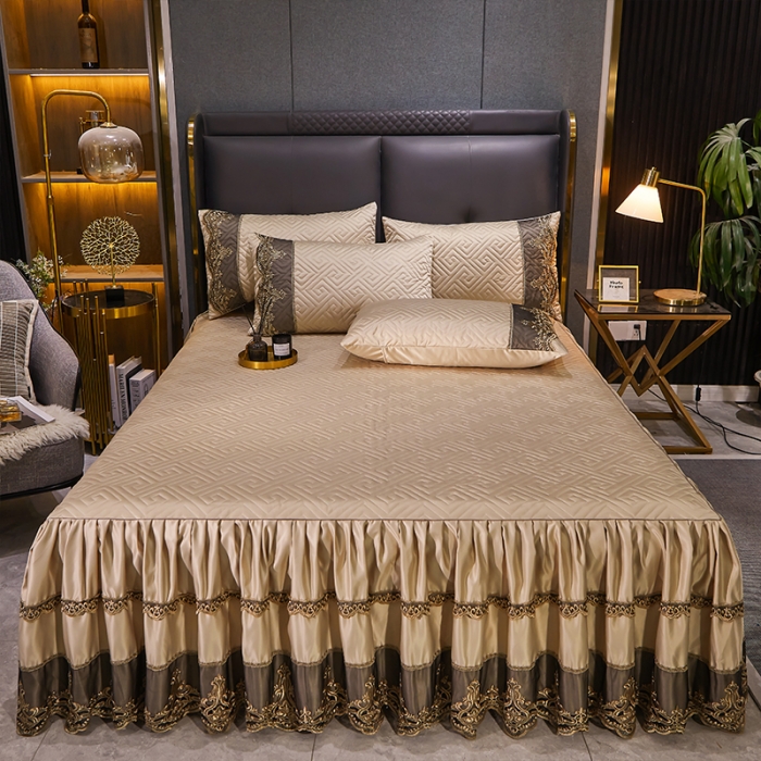 91家纺网 家纺一手货源 找家纺 罗艺轩 2024新款贡缎夹棉床裙三件套凯撒王朝系列 凯撒王朝-香槟金