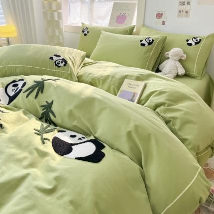 丽涵家纺2024新款全棉13376毛巾绣顽皮熊猫系列四件套顽皮熊猫-绿