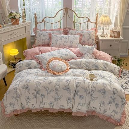 91家纺网 家纺一手货源 找家纺 漫仙阁 2024新款5A双层纱抗菌除螨四件套-玫瑰园