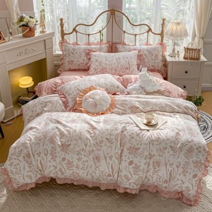 91家纺网 家纺一手货源 找家纺 漫仙阁 2024新款5A双层纱抗菌除螨四件套-郁金香-粉