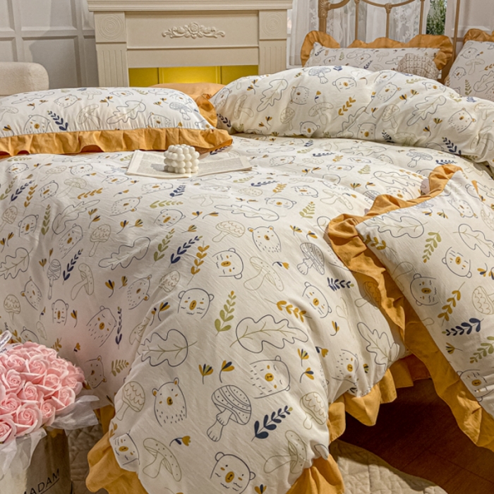 91家纺网 家纺一手货源 找家纺 漫仙阁 2024新款5A双层纱抗菌除螨四件套-蘑菇萌宠