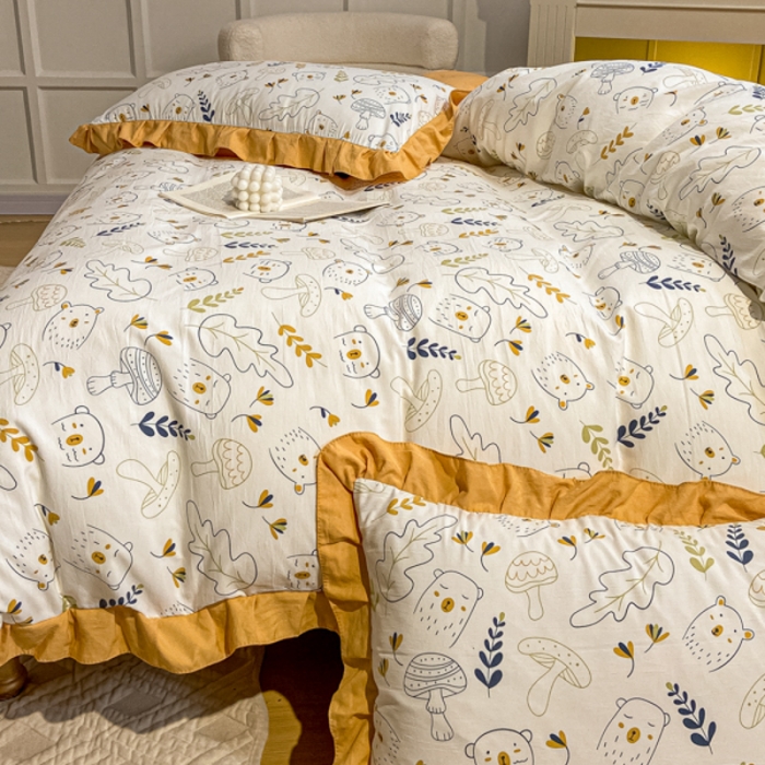 91家纺网 家纺一手货源 找家纺 漫仙阁 2024新款5A双层纱抗菌除螨四件套-蘑菇萌宠