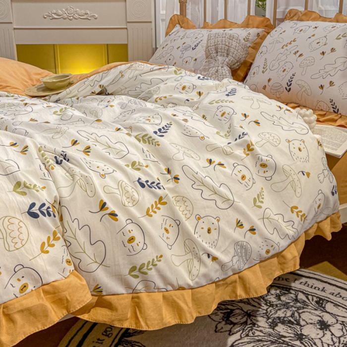 91家纺网 家纺一手货源 找家纺 漫仙阁 2024新款5A双层纱抗菌除螨四件套-蘑菇萌宠