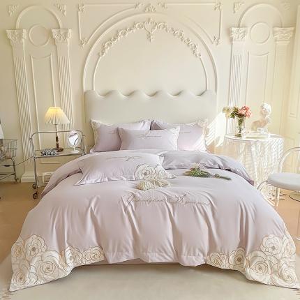 91家纺网 家纺一手货源 找家纺 懒猫2024新款高精密40支全棉喷气绣花四件套 -丽莎系列 丽莎-奶油紫