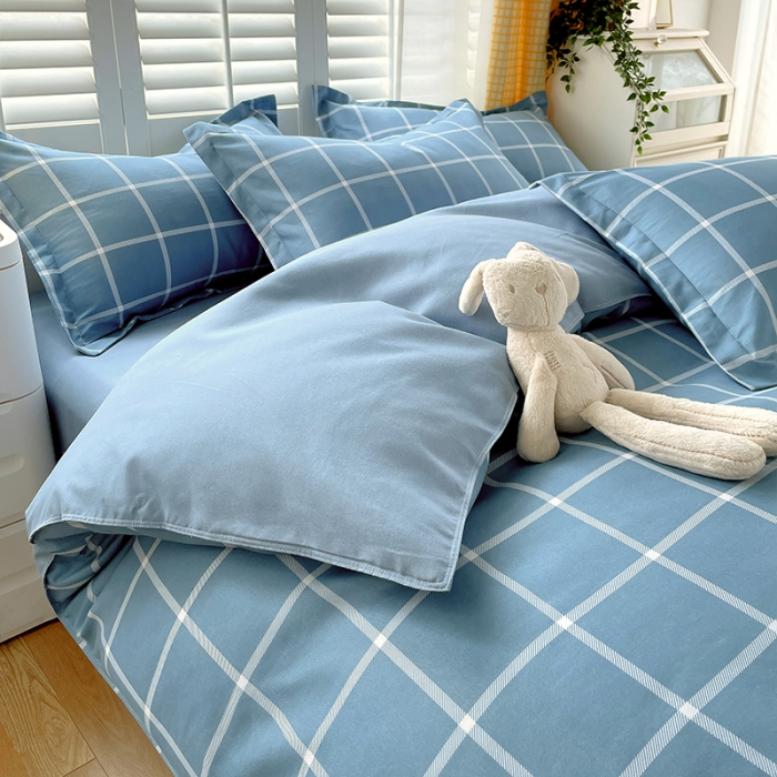 91家纺网 家纺一手货源 找家纺 好亿来 2025新款无印风植物羊绒加厚斜纹磨毛四件套 海蓝大格