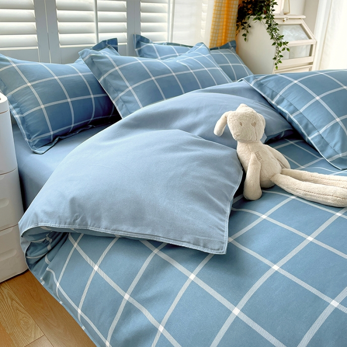 91家纺网 家纺一手货源 找家纺 好亿来 2025新款无印风植物羊绒加厚斜纹磨毛四件套 海蓝大格