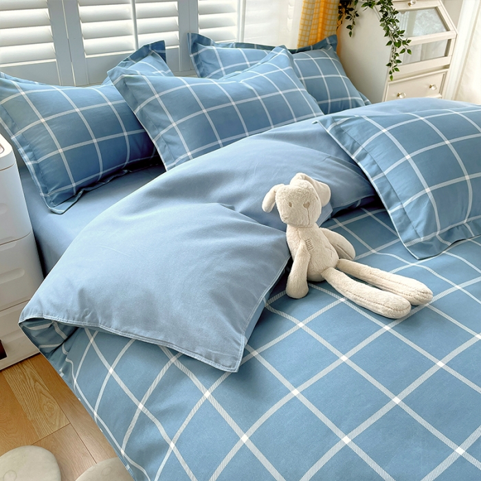 91家纺网 家纺一手货源 找家纺 好亿来 2025新款无印风植物羊绒加厚斜纹磨毛四件套 海蓝大格