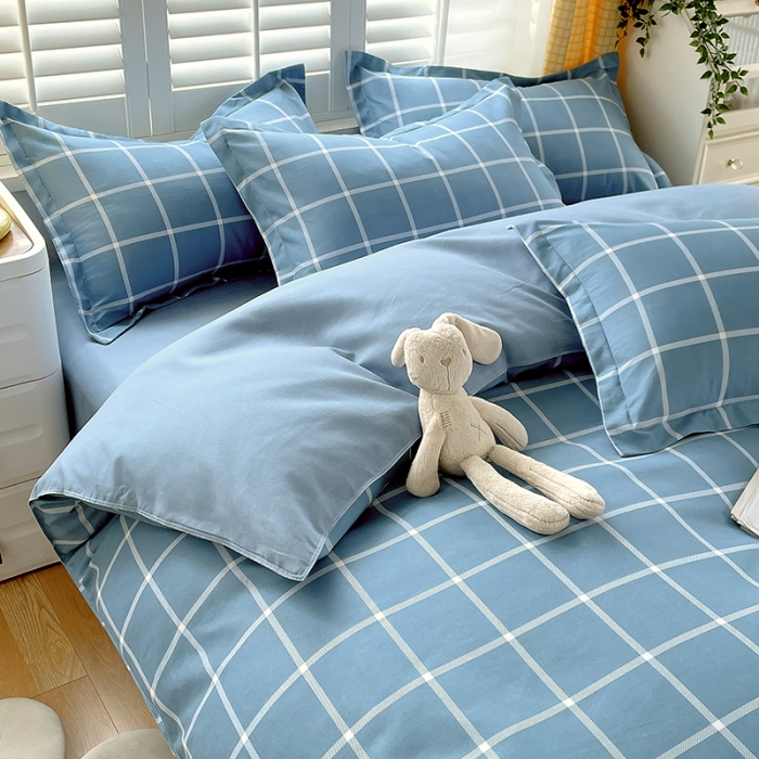 91家纺网 家纺一手货源 找家纺 好亿来 2025新款无印风植物羊绒加厚斜纹磨毛四件套 海蓝大格