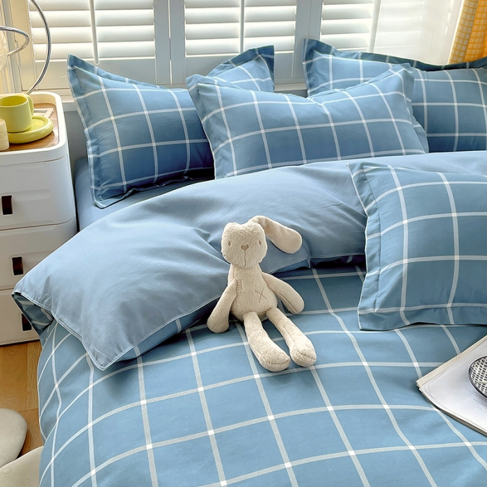 91家纺网 家纺一手货源 找家纺 好亿来 2025新款无印风植物羊绒加厚斜纹磨毛四件套 海蓝大格