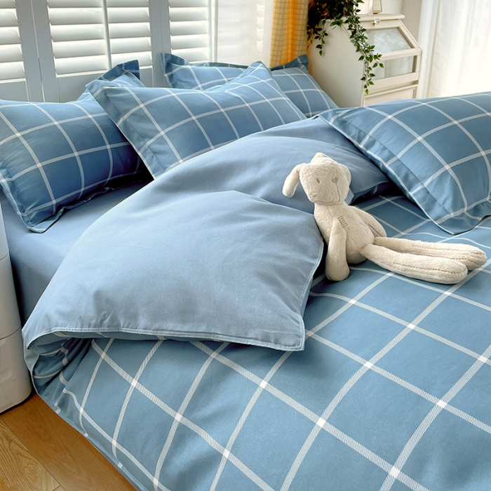 91家纺网 家纺一手货源 找家纺 好亿来 2025新款无印风植物羊绒加厚斜纹磨毛四件套 海蓝大格