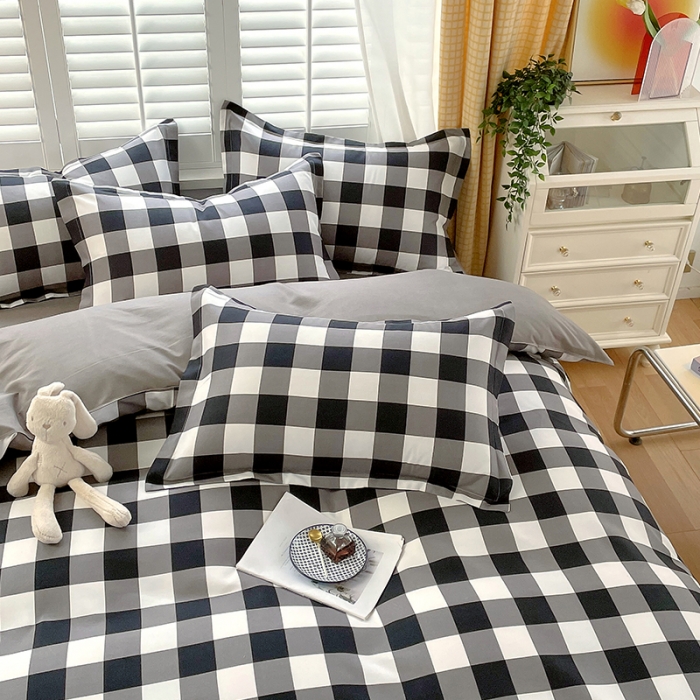 91家纺网 家纺一手货源 找家纺 好亿来 2025新款无印风植物羊绒加厚斜纹磨毛四件套 灰白中格