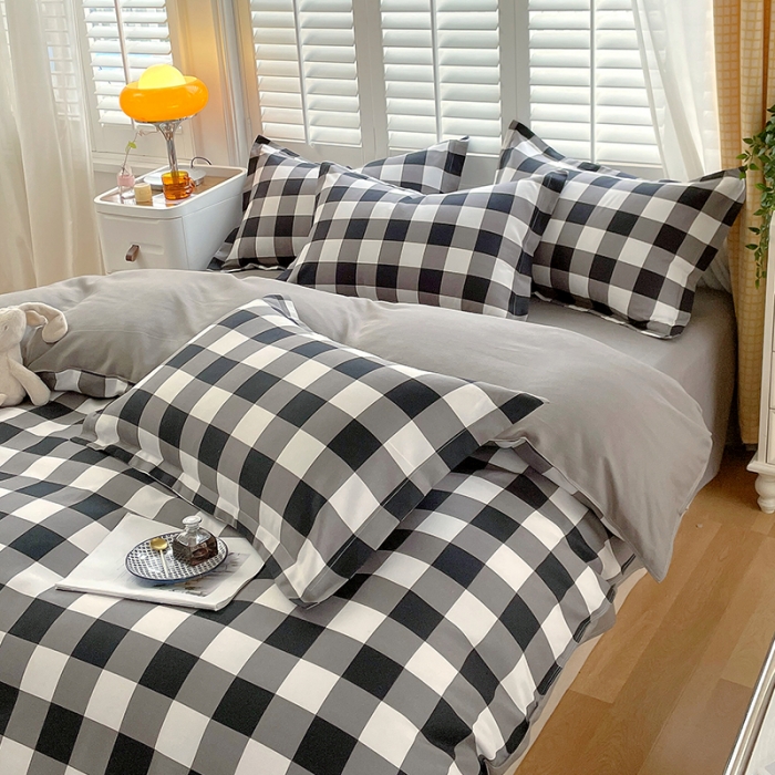 91家纺网 家纺一手货源 找家纺 好亿来 2025新款无印风植物羊绒加厚斜纹磨毛四件套 灰白中格