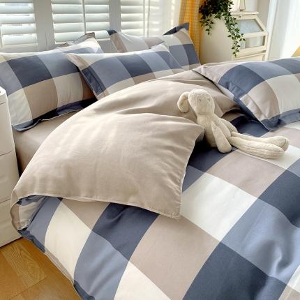 好亿来 2025新款无印风植物羊绒加厚斜纹磨毛四件套 蓝白大格