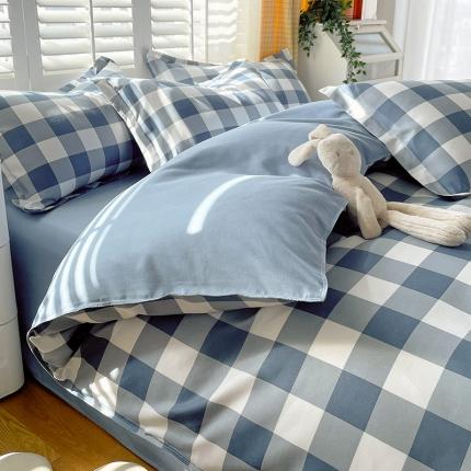 好亿来 2025新款无印风植物羊绒加厚斜纹磨毛四件套 蓝白中格