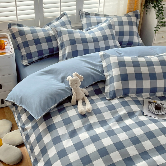 91家纺网 家纺一手货源 找家纺 好亿来 2025新款无印风植物羊绒加厚斜纹磨毛四件套 蓝白中格