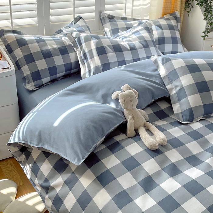 91家纺网 家纺一手货源 找家纺 好亿来 2025新款无印风植物羊绒加厚斜纹磨毛四件套 蓝白中格