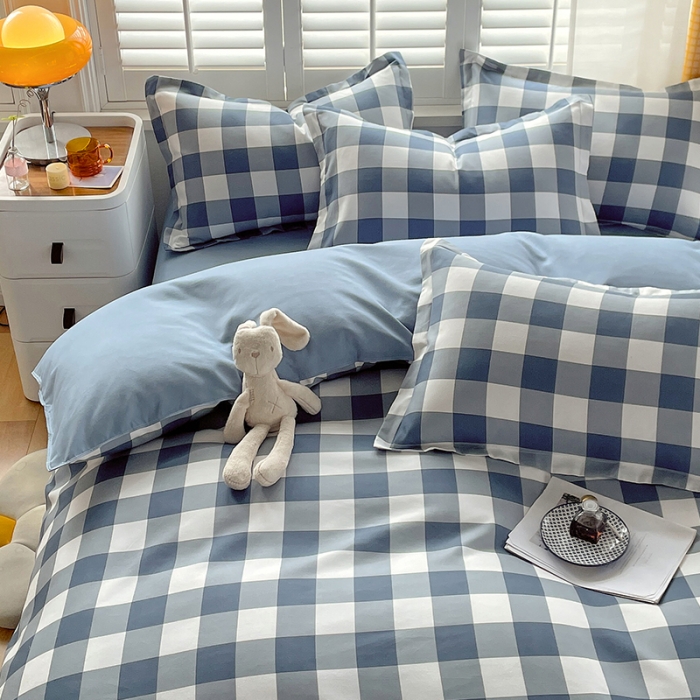 91家纺网 家纺一手货源 找家纺 好亿来 2025新款无印风植物羊绒加厚斜纹磨毛四件套 蓝白中格