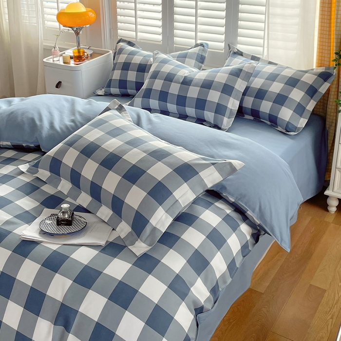 91家纺网 家纺一手货源 找家纺 好亿来 2025新款无印风植物羊绒加厚斜纹磨毛四件套 蓝白中格