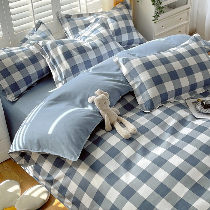 91家纺网 家纺一手货源 找家纺 好亿来 2025新款无印风植物羊绒加厚斜纹磨毛四件套 蓝白中格