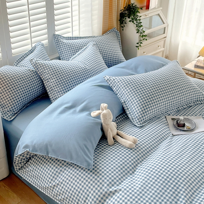 91家纺网 家纺一手货源 找家纺 好亿来 2025新款无印风植物羊绒加厚斜纹磨毛四件套 蓝灰小格