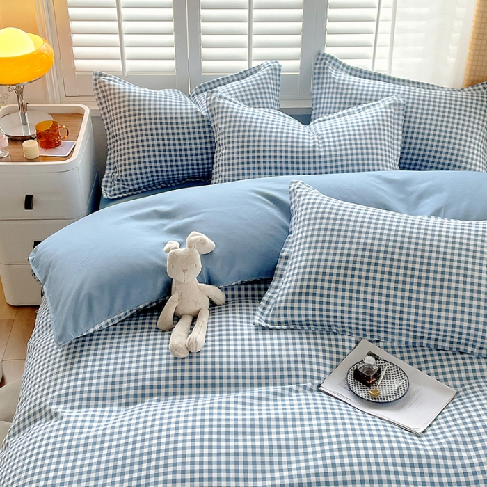 91家纺网 家纺一手货源 找家纺 好亿来 2025新款无印风植物羊绒加厚斜纹磨毛四件套 蓝灰小格