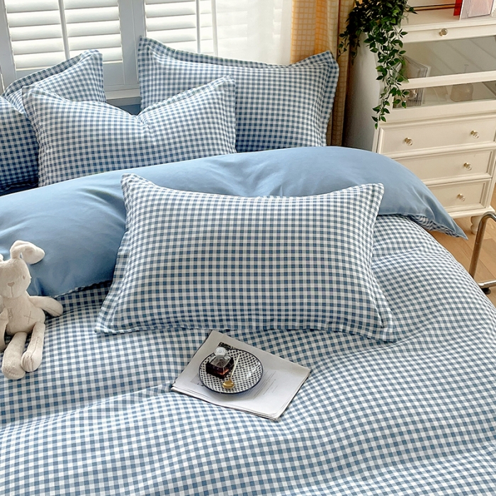 91家纺网 家纺一手货源 找家纺 好亿来 2025新款无印风植物羊绒加厚斜纹磨毛四件套 蓝灰小格