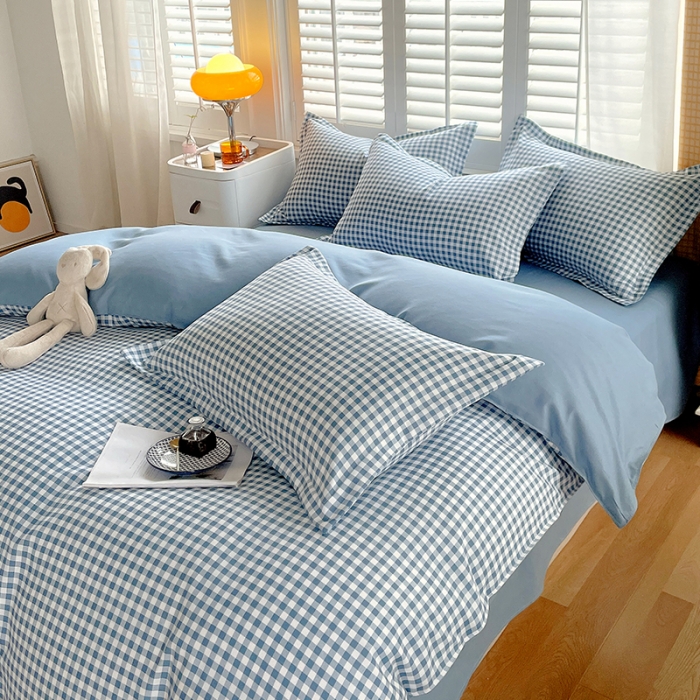 91家纺网 家纺一手货源 找家纺 好亿来 2025新款无印风植物羊绒加厚斜纹磨毛四件套 蓝灰小格