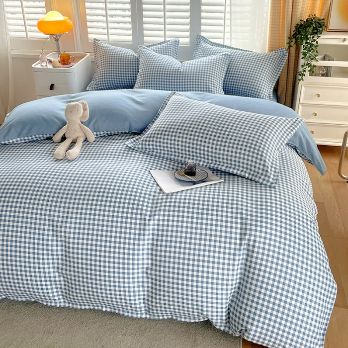 91家纺网 家纺一手货源 找家纺 好亿来 2025新款无印风植物羊绒加厚斜纹磨毛四件套 蓝灰小格