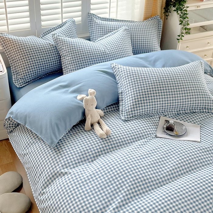 91家纺网 家纺一手货源 找家纺 好亿来 2025新款无印风植物羊绒加厚斜纹磨毛四件套 蓝灰小格