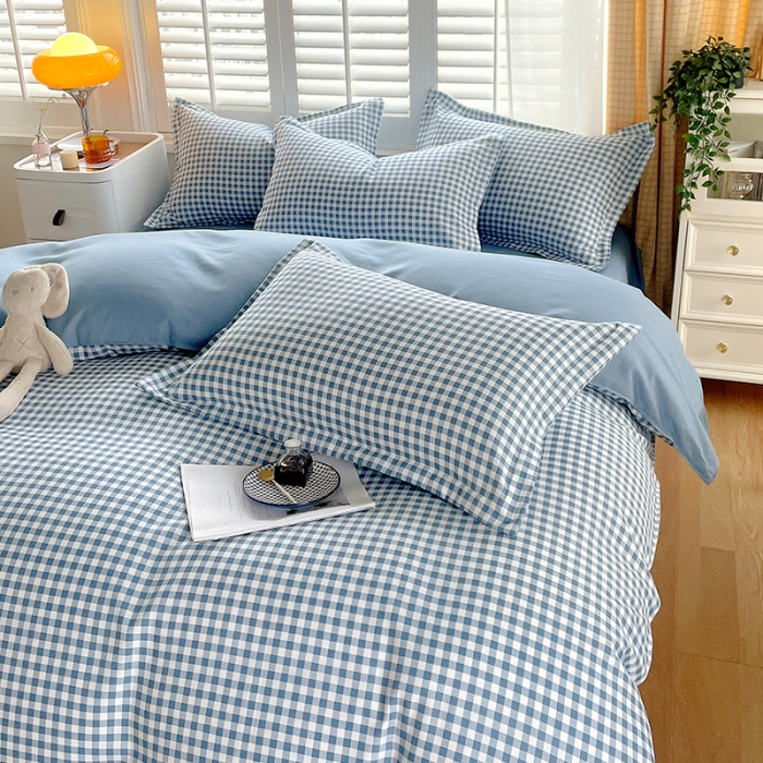 91家纺网 家纺一手货源 找家纺 好亿来 2025新款无印风植物羊绒加厚斜纹磨毛四件套 蓝灰小格