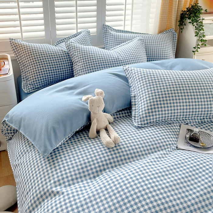 91家纺网 家纺一手货源 找家纺 好亿来 2025新款无印风植物羊绒加厚斜纹磨毛四件套 蓝灰小格