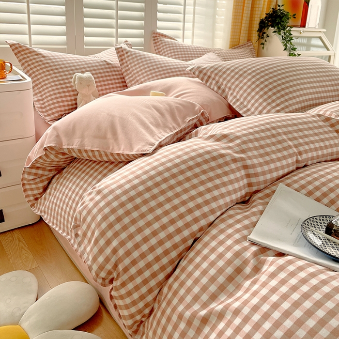 91家纺网 家纺一手货源 找家纺 好亿来 2025新款无印风植物羊绒加厚斜纹磨毛四件套 蜜粉小格