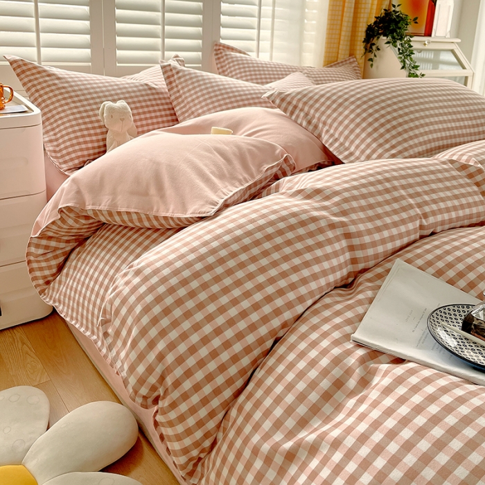 91家纺网 家纺一手货源 找家纺 好亿来 2025新款无印风植物羊绒加厚斜纹磨毛四件套 蜜粉小格