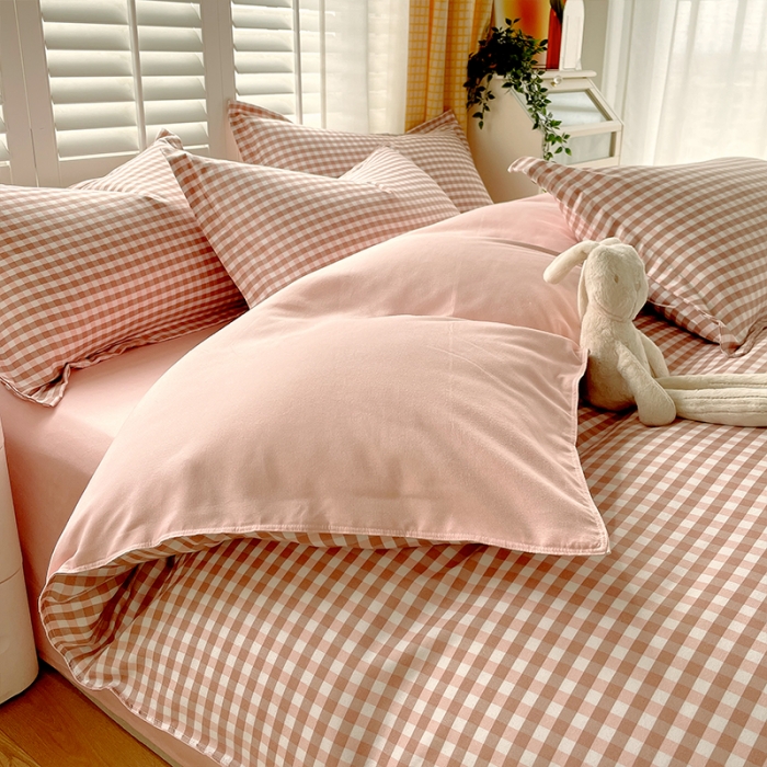 91家纺网 家纺一手货源 找家纺 好亿来 2025新款无印风植物羊绒加厚斜纹磨毛四件套 蜜粉小格