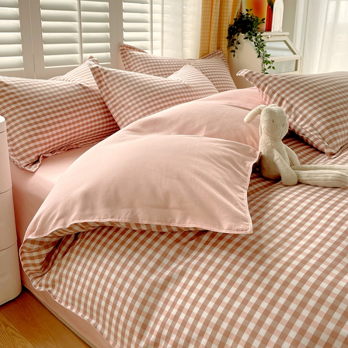 91家纺网 家纺一手货源 找家纺 好亿来 2025新款无印风植物羊绒加厚斜纹磨毛四件套 蜜粉小格