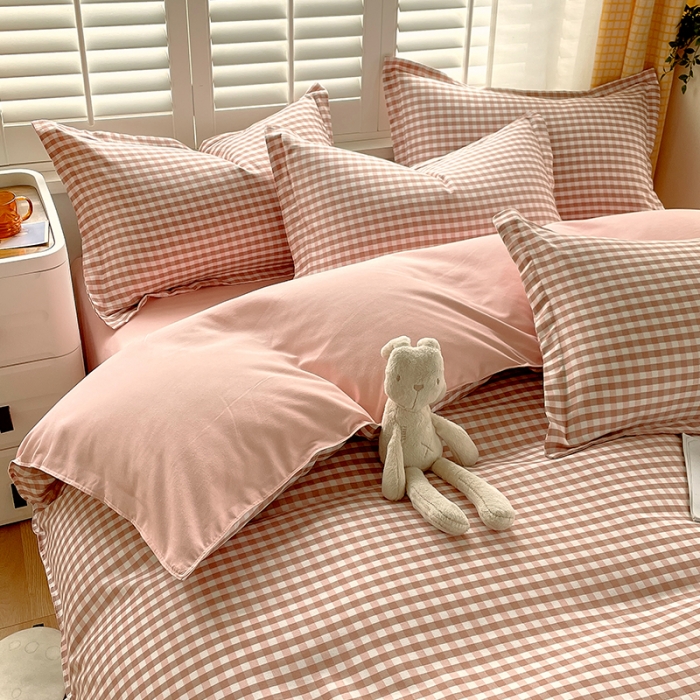 91家纺网 家纺一手货源 找家纺 好亿来 2025新款无印风植物羊绒加厚斜纹磨毛四件套 蜜粉小格