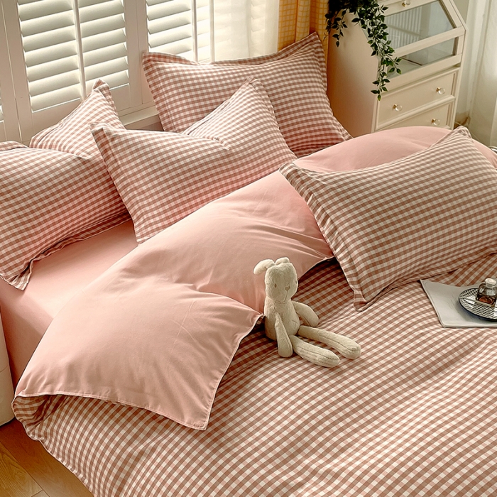 91家纺网 家纺一手货源 找家纺 好亿来 2025新款无印风植物羊绒加厚斜纹磨毛四件套 蜜粉小格