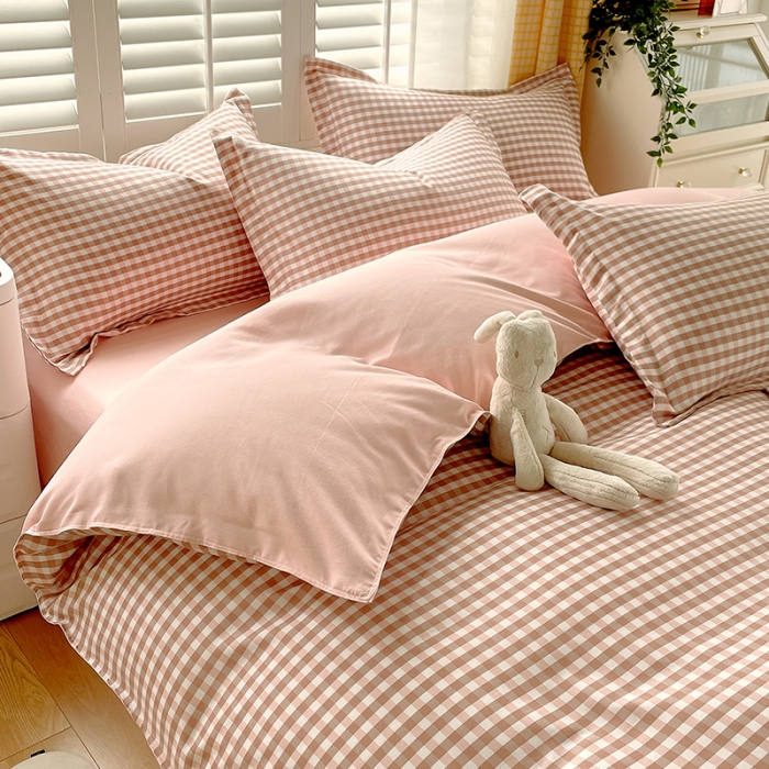 91家纺网 家纺一手货源 找家纺 好亿来 2025新款无印风植物羊绒加厚斜纹磨毛四件套 蜜粉小格