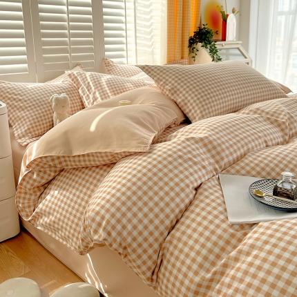 好亿来 2025新款无印风植物羊绒加厚斜纹磨毛四件套 浅咖小格