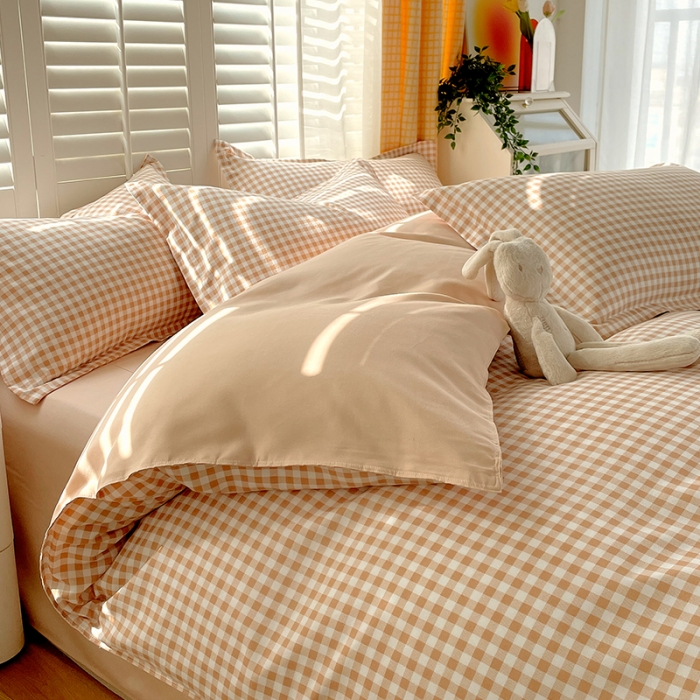 91家纺网 家纺一手货源 找家纺 好亿来 2025新款无印风植物羊绒加厚斜纹磨毛四件套 浅咖小格