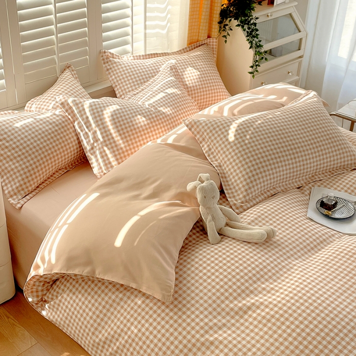 91家纺网 家纺一手货源 找家纺 好亿来 2025新款无印风植物羊绒加厚斜纹磨毛四件套 浅咖小格