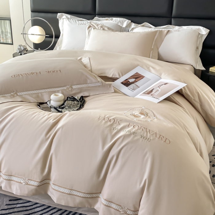 91家纺网 家纺一手货源 找家纺 安妮 2023新款全棉刺绣四件套邂逅系列 香槟色