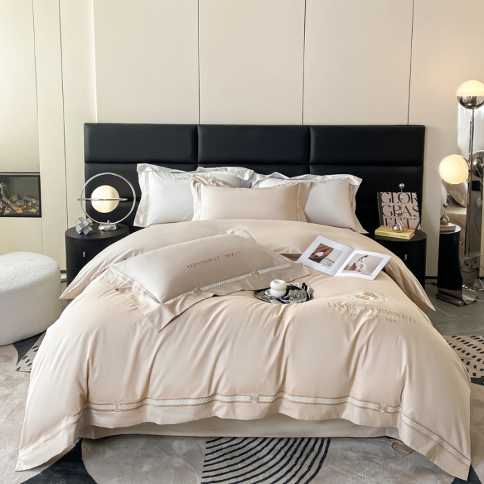 91家纺网 家纺一手货源 找家纺 安妮 2023新款全棉刺绣四件套邂逅系列 香槟色