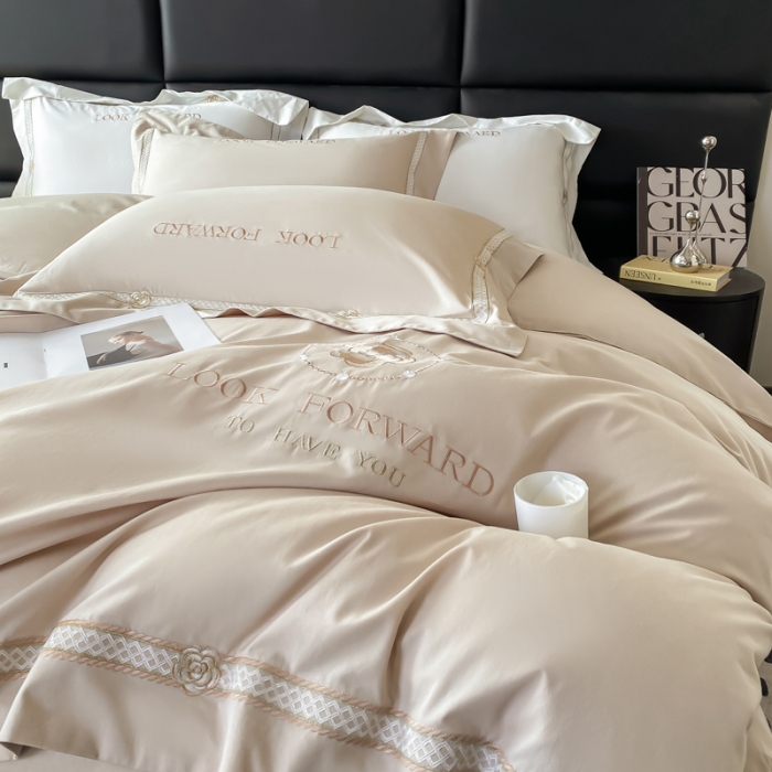 91家纺网 家纺一手货源 找家纺 安妮 2023新款全棉刺绣四件套邂逅系列 香槟色