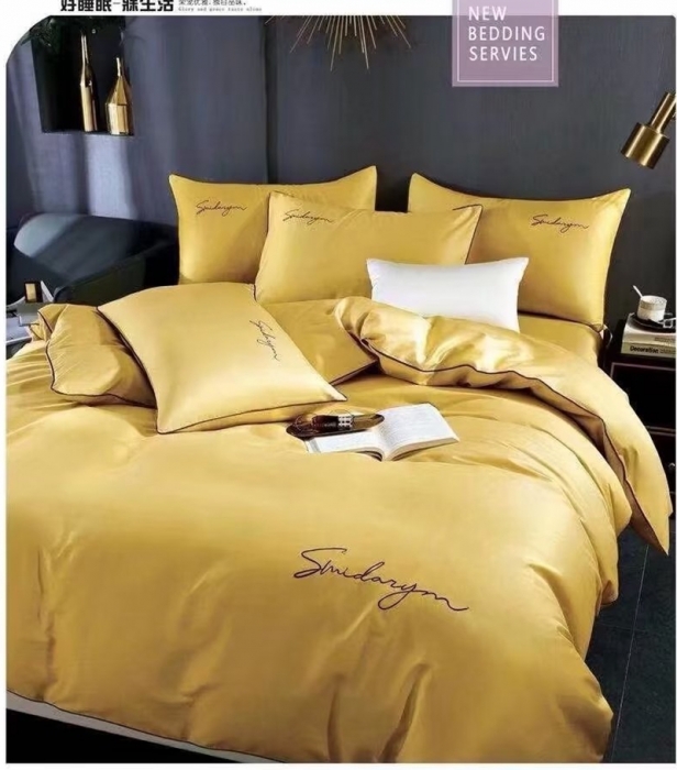 91家纺网 家纺一手货源 找家纺 U品汇 【假一赔十】正宗60支长绒棉纯色刺绣花纯棉全棉四件套 姜黄